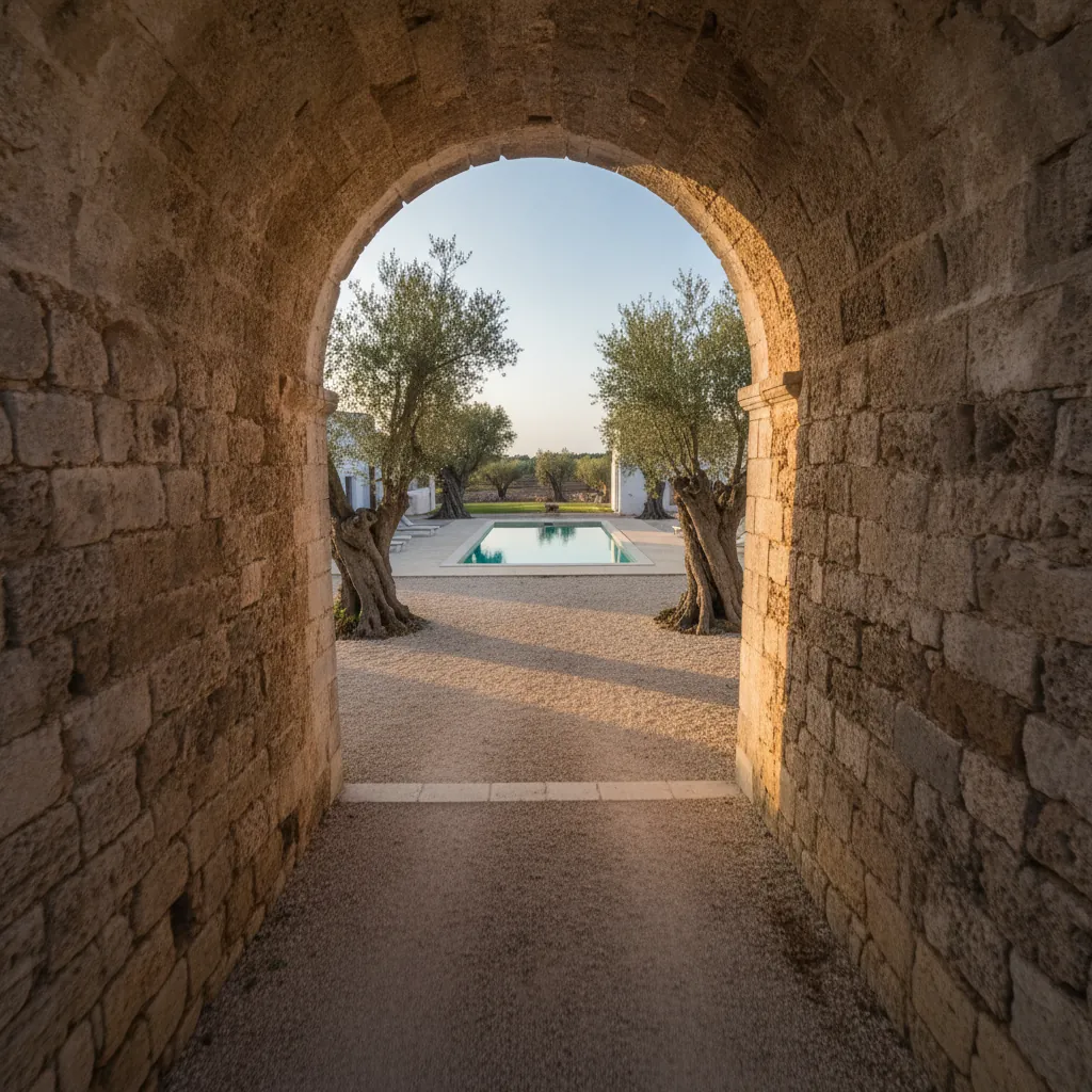 Volo radente attraverso l'arco in pietra di una masseria, verso il cortile con ulivi e piscina