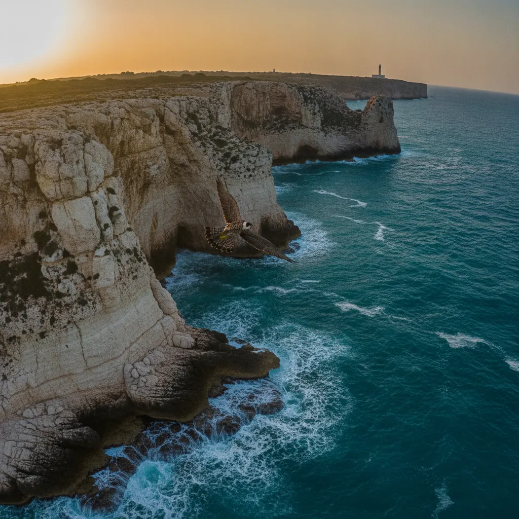 Falesie calcaree di Santa Maria di Leuca al tramonto, mare turchese sotto