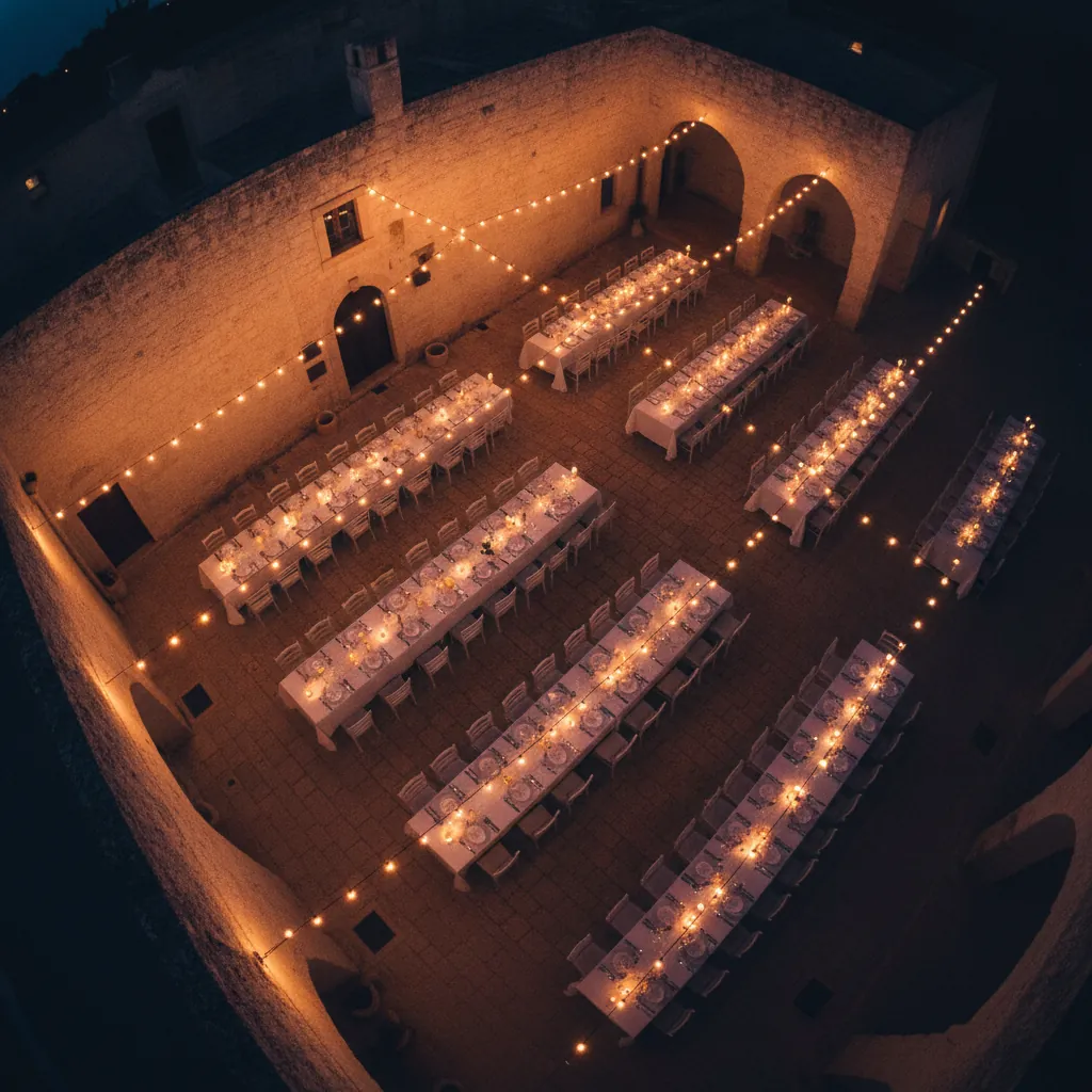Cortile di masseria al tramonto con tavoli apparecchiati e luci calde sospese