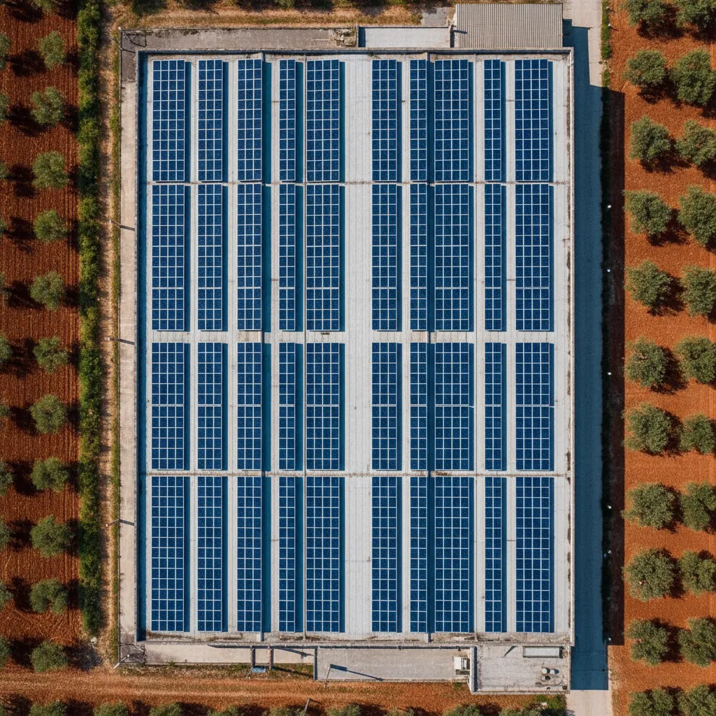 Vista zenitale di un tetto industriale coperto di pannelli fotovoltaici nella campagna pugliese